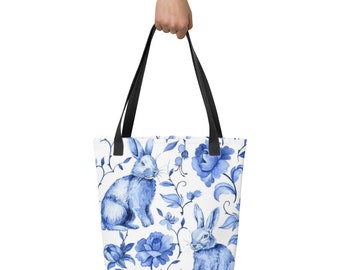 Tote bag - Blauw design met bloemen en konijntjes