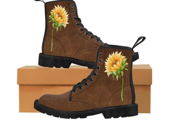 Women's Canvas Boots - Brown leather design with Sunflower