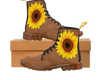 Women's Canvas Boots - Medium brown suede design with Sunflower