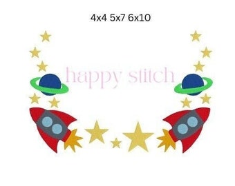 Outer Space Rocket Saturn Stars monogram frame embroidery design