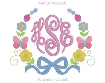 floral butterfly wreath with bow monogram frame embroidery design, instant download