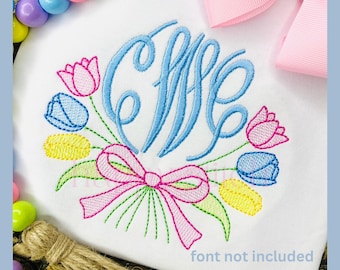 Tulip flowers SKETCH bouquet monogram swag frame with bow embroidery design, Spring floral sketch embroidery design, instant download