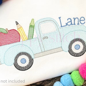 Back to school old truck with apple pencil and crayon sketch embroidery design, instant download