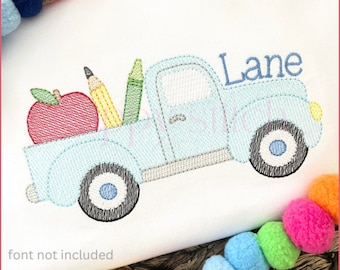 Back to school old truck with apple pencil and crayon sketch embroidery design, instant download