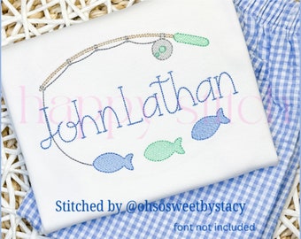 Fishing pole with multi-color fish sketch embroidery design, Sketch embroidery, instant download