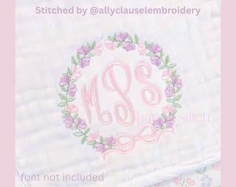 Emma floral round monogram frame with bow embroidery design, instant download