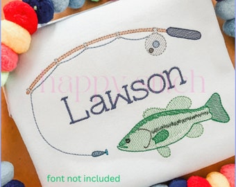 Fishing pole with bass fish sketch embroidery design, Sketch embroidery, name frame embroidery design, instant download