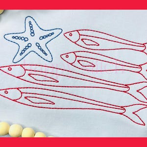 Fish flag bean stitch embroidery design, Vintage stitch American flag fish and starfish embroidery design, instant download