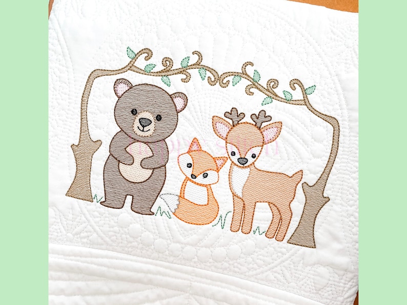 Forest Pals Forest Frame Sketch Embroidery Design, Fox, Bear, Deer ...