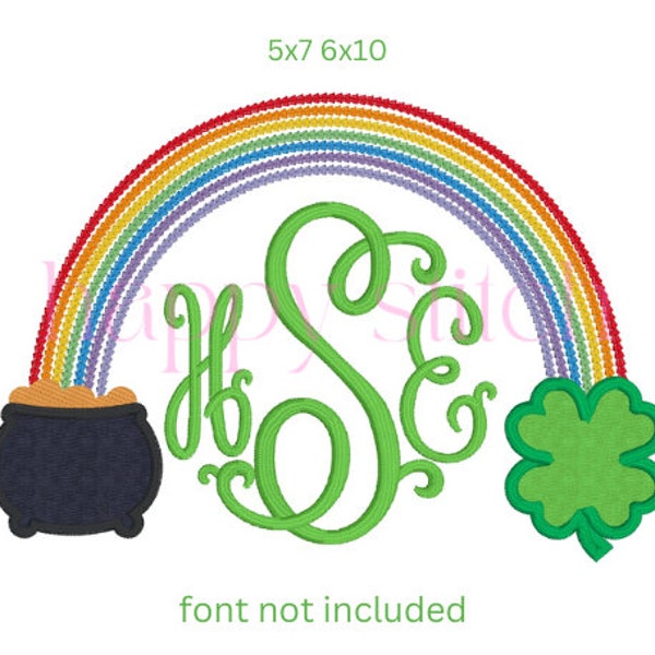 Rainbow chain stitch with applique pot of gold and shamrock clover embroidery design, Girls St Patrick's Day, instant download