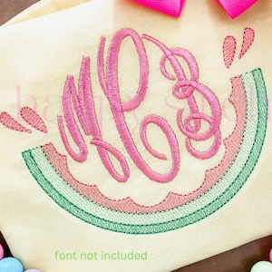 May include: A pink embroidered monogram letter "P" in a cursive font, centered inside a green, pink, and white embroidered watermelon slice. The watermelon slice is on a yellow fabric background. "font not included" is written in black text below the image.