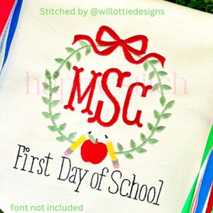 Back to school laurel monogram frame embroidery design, apple pencil bow school monogram instant download embroidery design