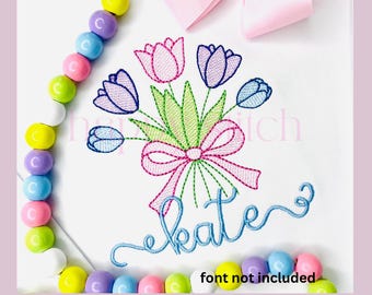 Tulip flowers bouquet with bow SKETCH embroidery design, Spring floral sketch embroidery design, instant download