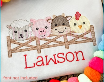 Farm animals on fence sketch embroidery design, cow chicken pig sheep sketch embroidery, instant download