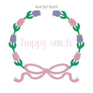 Tulip wreath monogram frame with bow fill stitch embroidery design
