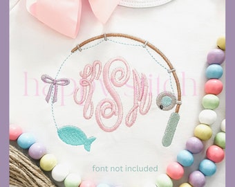 Round Fishing pole with fish and bow satin fill embroidery design monogram frame, instant download, girl fishing