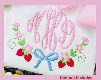 Strawberry Floral Monogram Frame Embroidery Design (Instant Download)