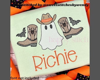 Cowboy ghost with boots and bats SKETCH embroidery design, Country Halloween light fill embroidery design, instant download