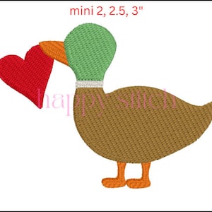 May include: A brown duck with a green head carrying a red heart. The duck is standing on two orange legs. The image includes the text "mini 2, 2.5, 3".