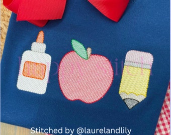 Back to school glue apple pencil sketch embroidery design, instant download