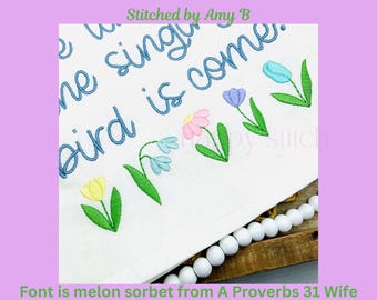 Satin flowers line embroidery design, mini floral garden row, instant download