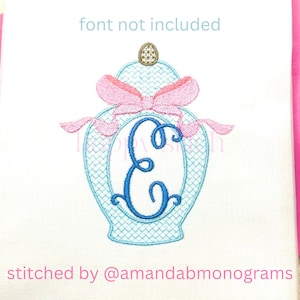 Ginger jar motif frame with bow embroidery design, chinoiserie embroidery, grand millennial, instant download, monogram frame