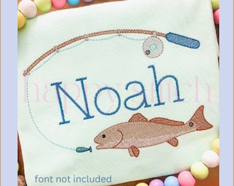 Fishing pole with red drum fish sketch embroidery design name frame, ocean fish, channel bass, puppy drum, spottail bass, instant download