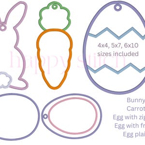 May include: Outlined Easter-themed designs including a bunny, carrot, and eggs with various details. The image includes text indicating sizes: 4x4, 5x7, and 6x10 inches. The designs are in shades of orange, green, purple, and pink.