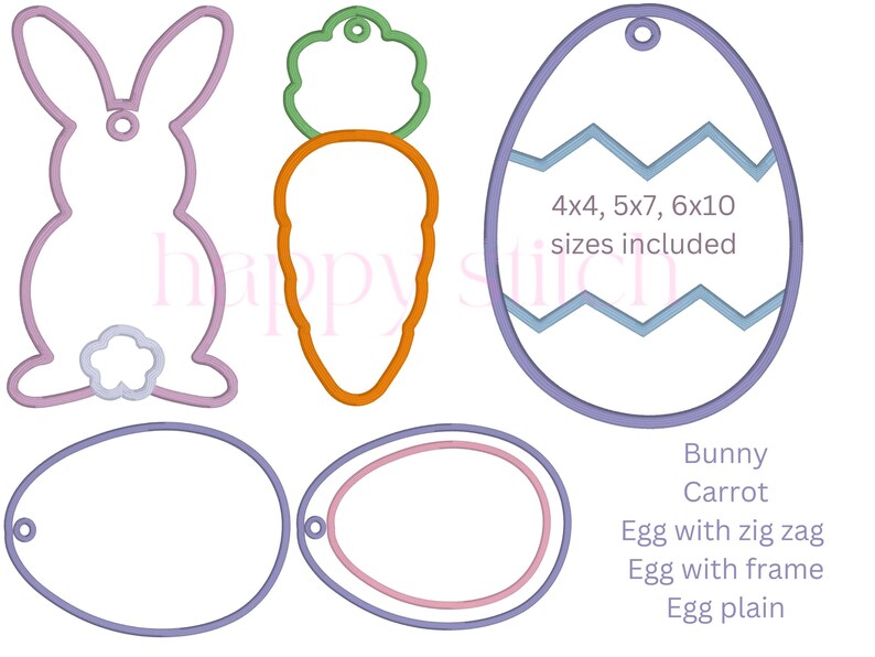 May include: Outlined Easter-themed designs including a bunny, carrot, and eggs with various details. The image includes text indicating sizes: 4x4, 5x7, and 6x10 inches. The designs are in shades of orange, green, purple, and pink.