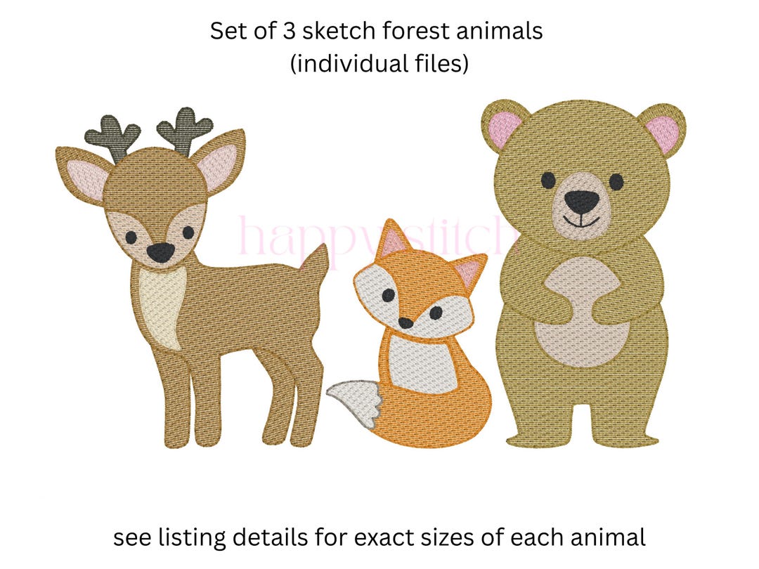Forest Animals Set Sketch Embroidery Design, Fox, Bear, Deer, Sketch ...