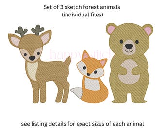 Forest animals set sketch embroidery design, fox, bear, deer, sketch embroidery, instant download