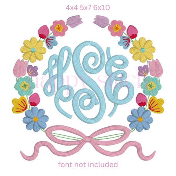 floral frame with bow monogram frame embroidery design, instant download