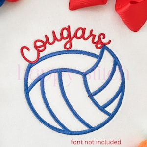 Puede incluir: Diseño bordado con un balón de voleibol y la palabra "Cougars" en hilo rojo. El balón de voleibol es azul y blanco.