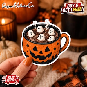 Pegatina de café con diseño de fantasma - Calcomanía de calabaza espeluznante de Halloween para taza, portátil y botella de agua