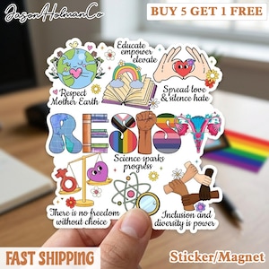 May include: A colorful sticker with the word "RESIST" and various illustrations, including a globe, open book, rainbow, and hands forming a heart. The sticker also features the phrases "Respect Mother Earth" and "Inclusion and diversity is power."