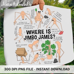 May include: A white poster featuring the phrase "Where is Jimbo James?" and several cartoon figures with speech bubbles. The poster also includes the text "300 DPI PNG FILE - INSTANT DOWNLOAD".