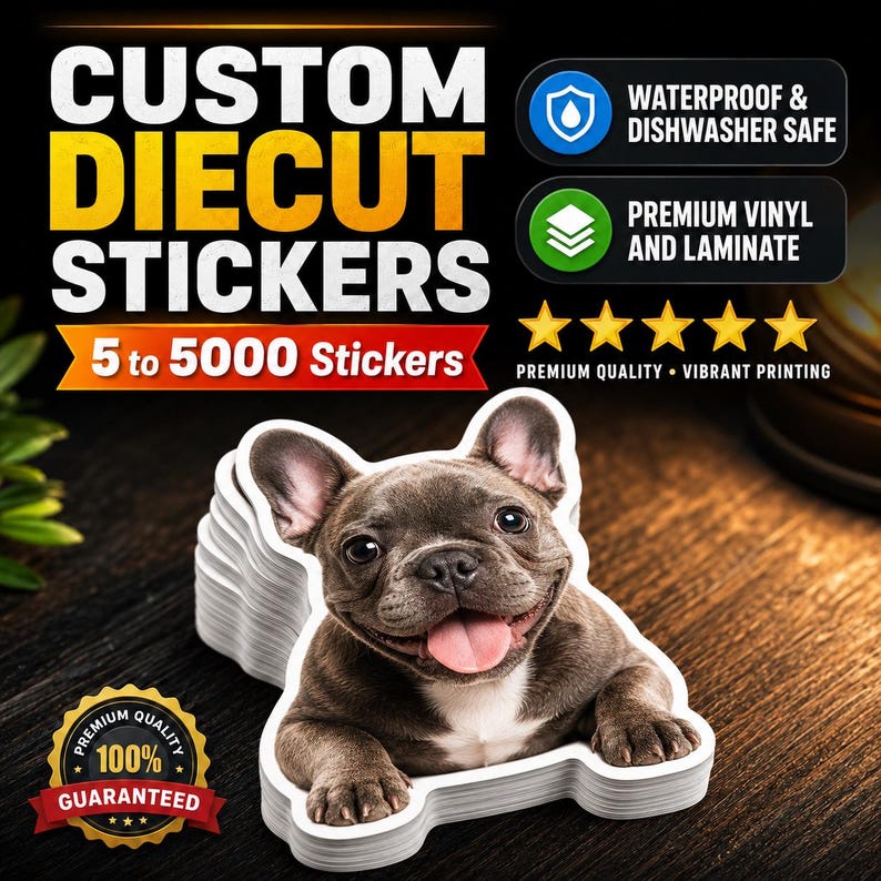 Puede incluir: Una pila de pegatinas troqueladas personalizadas con un bulldog franc&eacute;s marr&oacute;n con la lengua rosa. El texto dice: CUSTOM DIECUT STICKERS, 5 to 5000 Stickers, WATERPROOF & DISHWASHER SAFE, PREMIUM VINYL AND LAMINATE, PREMIUM QUALITY, 100% GUARANTEED.