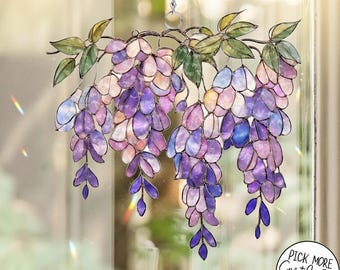 Acchiappasole olografico in acrilico con glicine, decorazione da appendere alla finestra viola, acchiappasole con fiori di glicine, decorazione per la casa e il giardino
