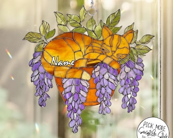Cat Sitting On Potted Fern ACRYLIC Suncatcher, Orange Tabby Sleeping on Wisteria, Aesthetic Cat Lover Gift, Floral Pet Art