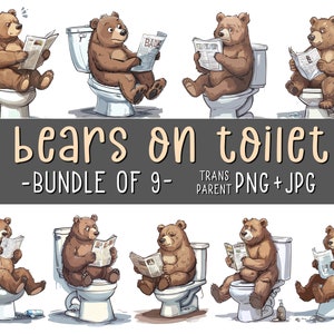 Beren op toilet, bundel van 9, grappige dieren clipart, beer kunst aan de muur, grappige badkamer print, dierlijke humor, sublimatie, afdrukbare, AI kunst