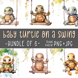 Baby Turtle on a Swing, Bundle of 6, Cute Turtle Clipart, Animal Wall Art, Nursery Room Decor, Watercolor, Sublimation, Printables, AI Art