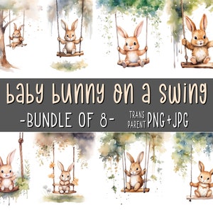 Baby konijntjes op een schommel, bundel van 8, schattige konijn illustraties, dierenmuur kunst, kinderkamer decor, aquarel, sublimatie, printables, AI Art