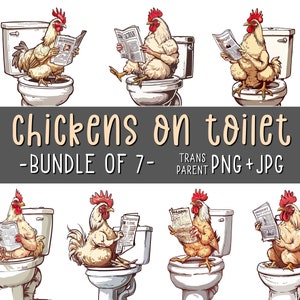 Kippen op toilet, bundel van 7, grappige dieren clipart, kip kunst aan de muur, grappige badkamer print, dierlijke humor, sublimatie, afdrukbare, AI kunst