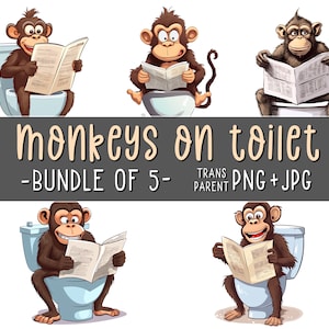 Apen op toilet, bundel van 5, grappige dieren clipart, aap kunst aan de muur, grappige badkamer print, dierlijke humor, sublimatie, afdrukbare, AI kunst