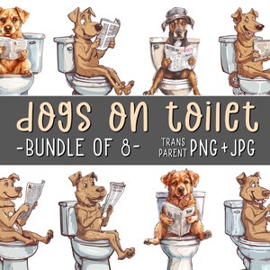 Honden op toilet, bundel van 8, grappige dieren clipart, hondenliefhebber kunst aan de muur, grappige badkamer print, dierlijke humor, sublimatie, afdrukbare, AI kunst