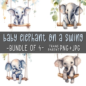 Elefantes bebés en un columpio, paquete de 4, lindas imágenes prediseñadas de cría de elefante, arte de pared de animales, decoración de la habitación de la guardería, acuarela, imprimibles, arte de IA