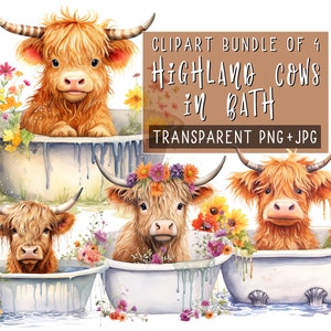 Highland Cows w Bath, Zestaw 4, Uroczy kliparty z krowami, Sztuka ścienna ze zwierzętami, Zabawny nadruk do łazienki, Akwarela, Sublimacja, Do druku, Sztuka AI