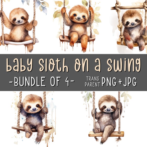 Baby Sloths on a Swing, Bundle of 5, Cute Sloth Pup Clip Art, Animal Wall Art, Nursery Room, Watercolor, Sublimation, Printables, AI Art