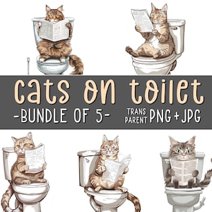 Chats sur les toilettes, lot de 5, cliparts animaux drôles, art mural amoureux des chats, impression drôle de salle de bain, humour animal, sublimation, imprimable, art IA