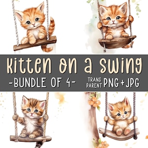 Baby Kitten on a Swing, Bundle of 4, Cute Cat Clipart, Animal Wall Art, Nursery Room Decor, Watercolor, Sublimation, Printables, AI Art